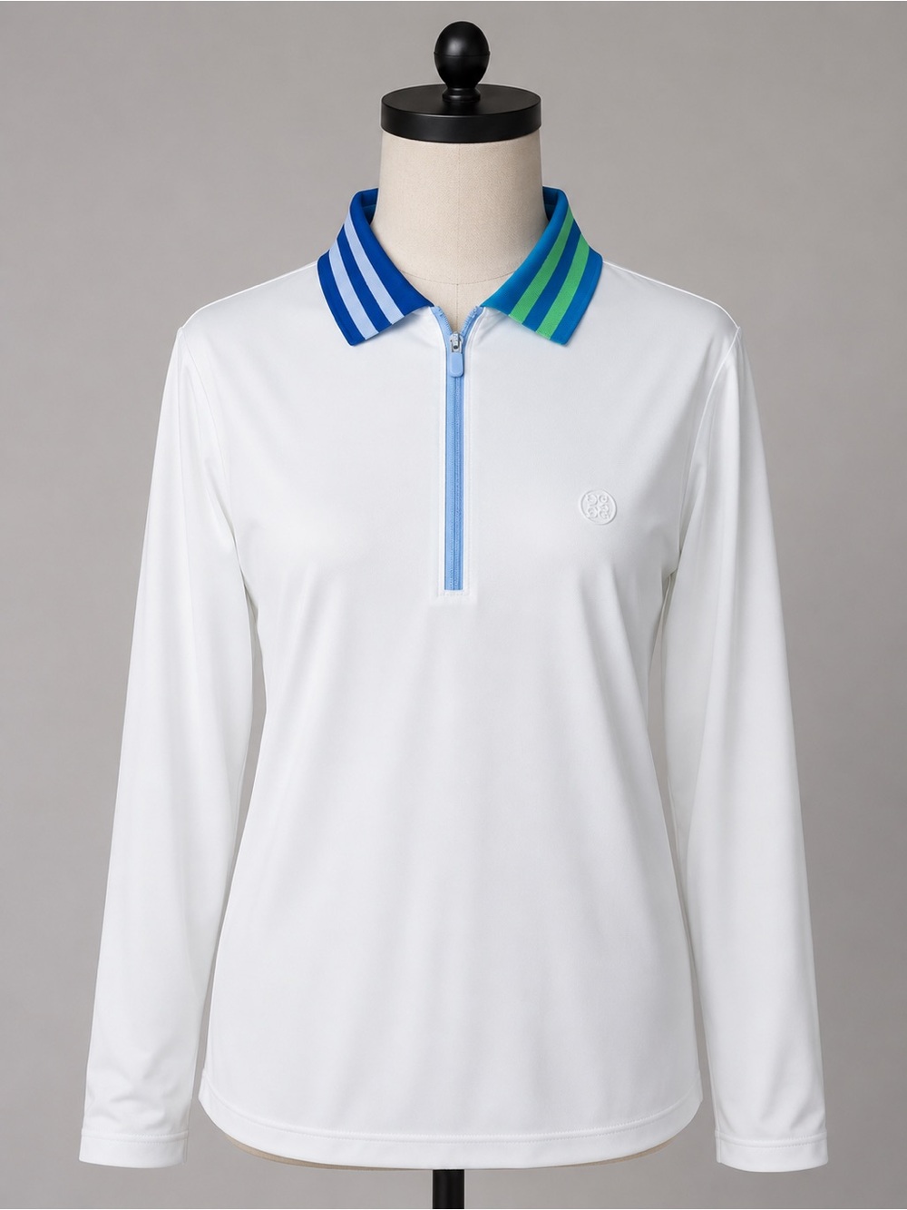 G/FORE White Long-Sleeve Polo with Blue and Green Striped Collar